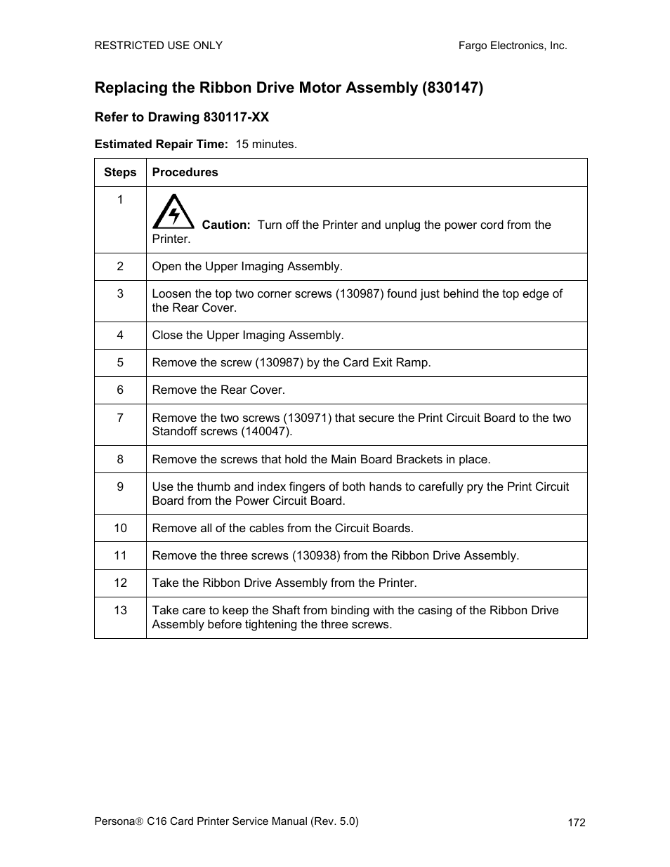 Replacing the ribbon drive motor assembly (830147), Refer to drawing 830117-xx | FARGO electronic C16 User Manual | Page 181 / 259