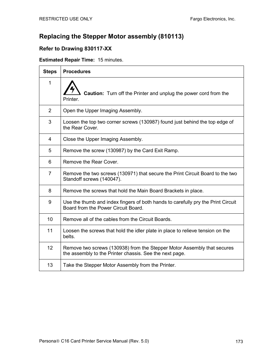 Replacing the stepper motor assembly (810113), Refer to drawing 830117-xx | FARGO electronic C16 User Manual | Page 182 / 259