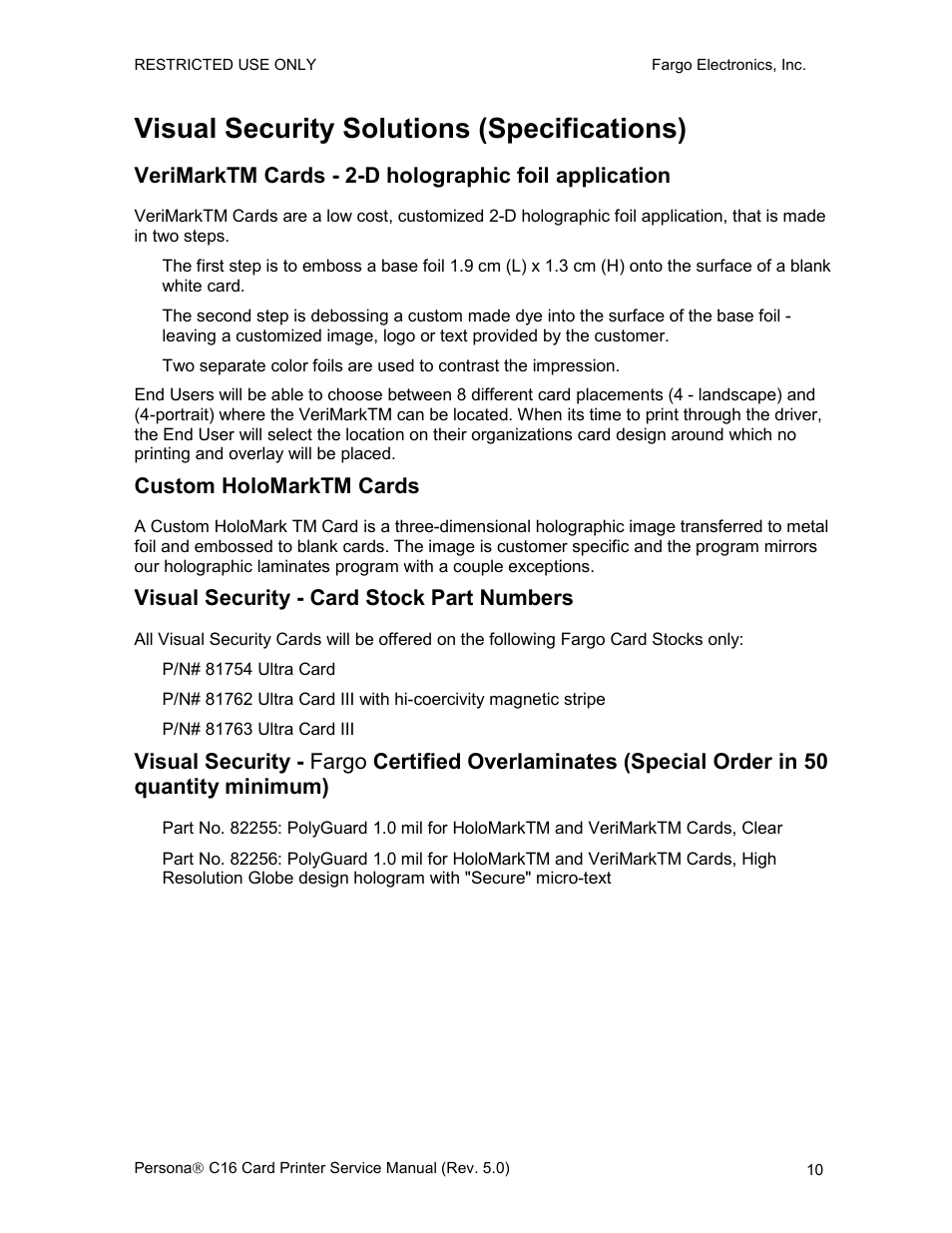 Visual security solutions (specifications), Custom holomarktm cards, Visual security - card stock part numbers | FARGO electronic C16 User Manual | Page 19 / 259