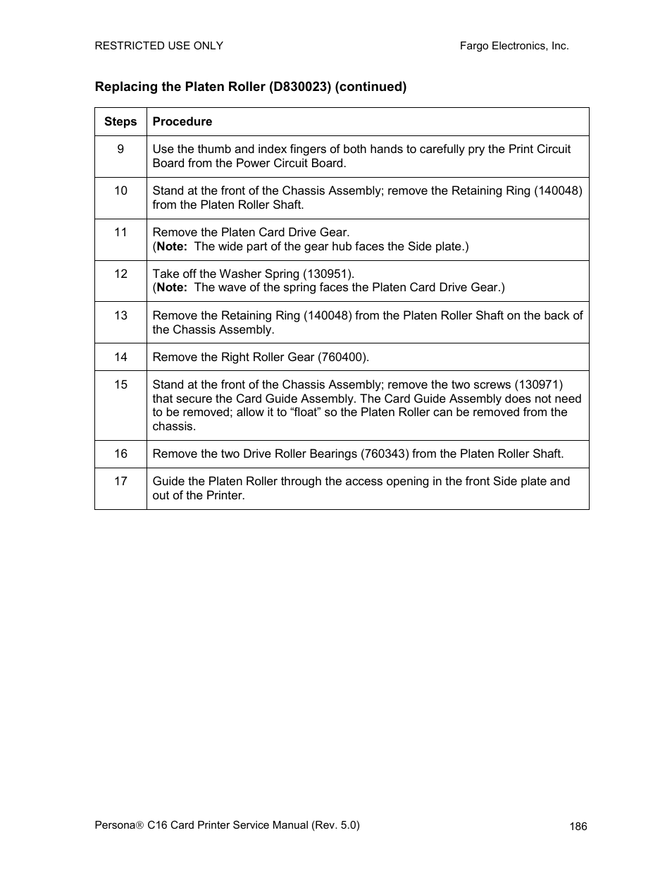 Replacing the platen roller (d830023) (continued) | FARGO electronic C16 User Manual | Page 195 / 259