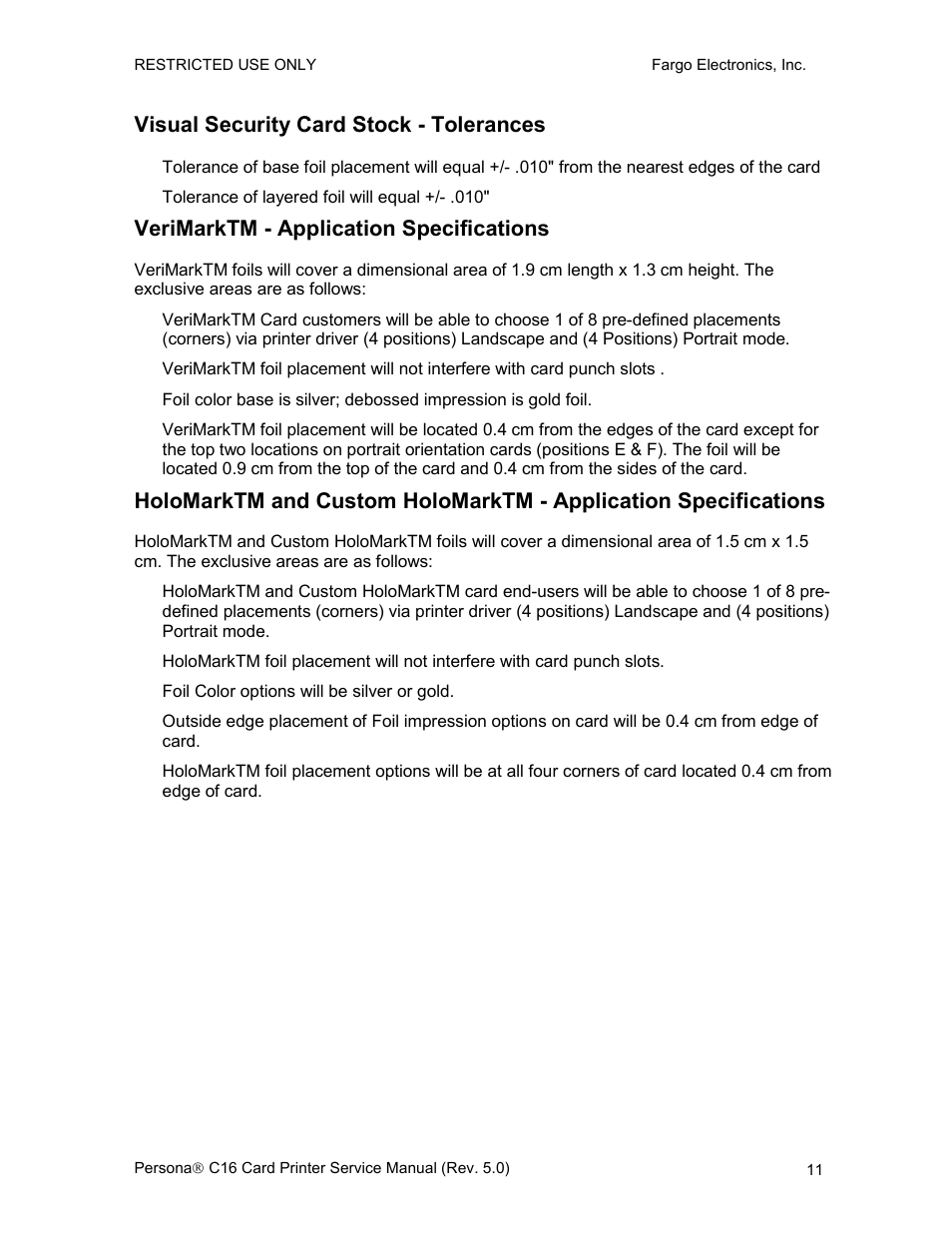 Visual security card stock - tolerances, Verimarktm - application specifications | FARGO electronic C16 User Manual | Page 20 / 259
