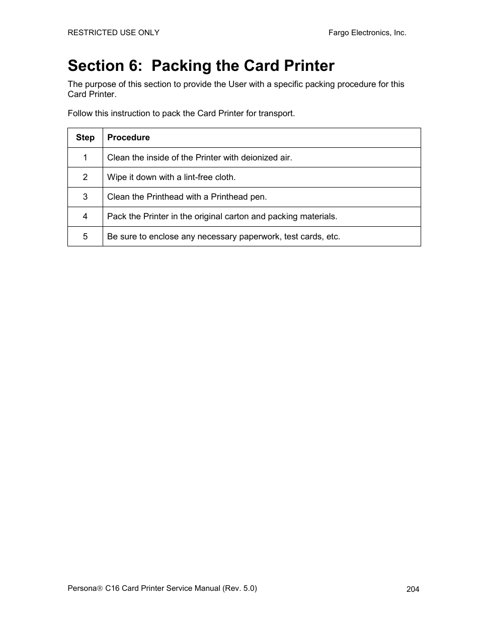 Section 6: packing the card printer | FARGO electronic C16 User Manual | Page 213 / 259