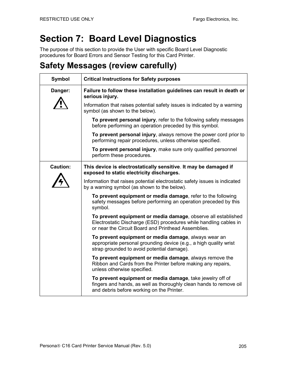 Section 7: board level diagnostics, Safety messages (review carefully) | FARGO electronic C16 User Manual | Page 214 / 259