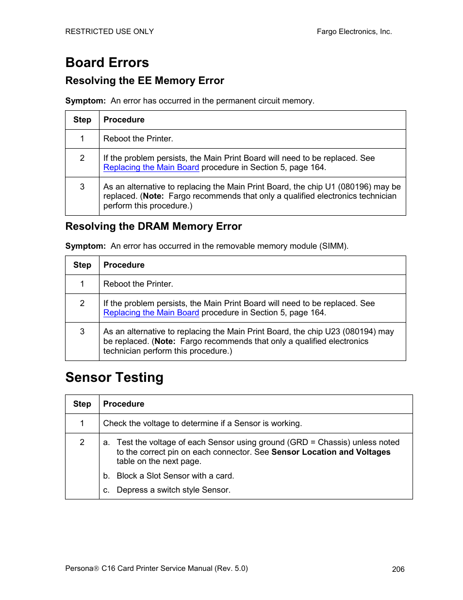 Board errors, Resolving the ee memory error, Resolving the dram memory error | Sensor testing, Resolving the ee memory, Error | FARGO electronic C16 User Manual | Page 215 / 259