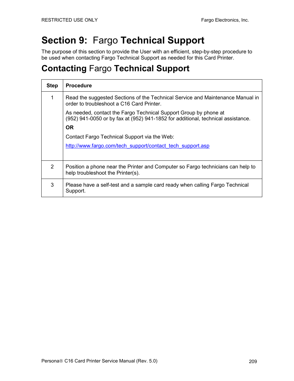 Section 9: fargo technical support, Contacting fargo technical support | FARGO electronic C16 User Manual | Page 218 / 259