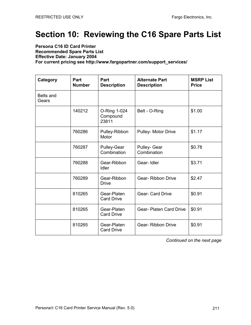 Section 10: reviewing the c16 spare parts list | FARGO electronic C16 User Manual | Page 220 / 259