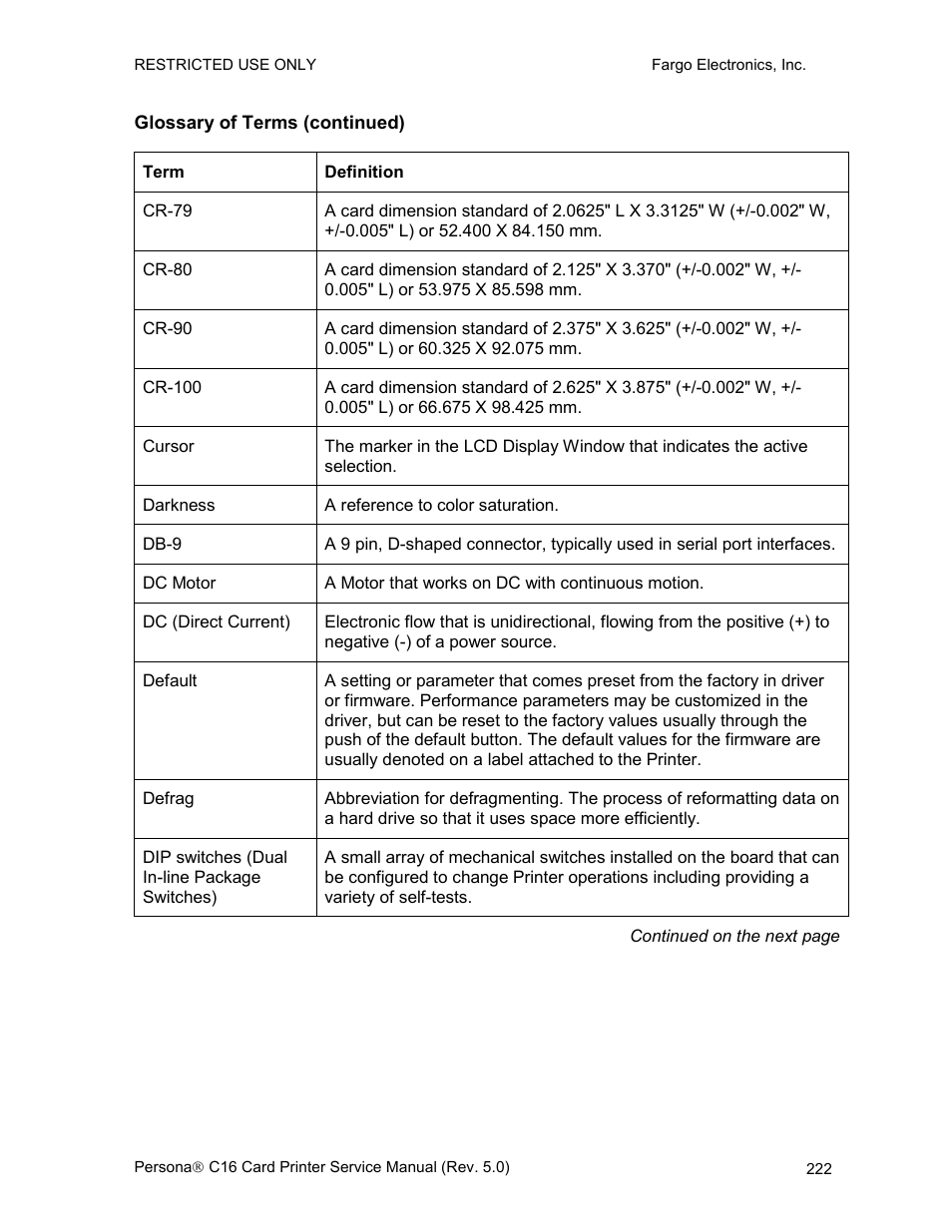 Glossary of terms (continued) | FARGO electronic C16 User Manual | Page 231 / 259