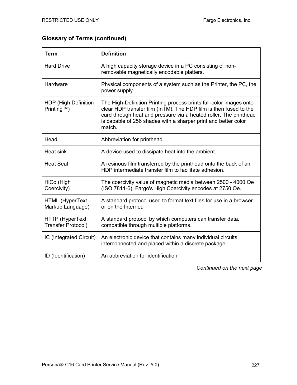 Glossary of terms (continued) | FARGO electronic C16 User Manual | Page 236 / 259