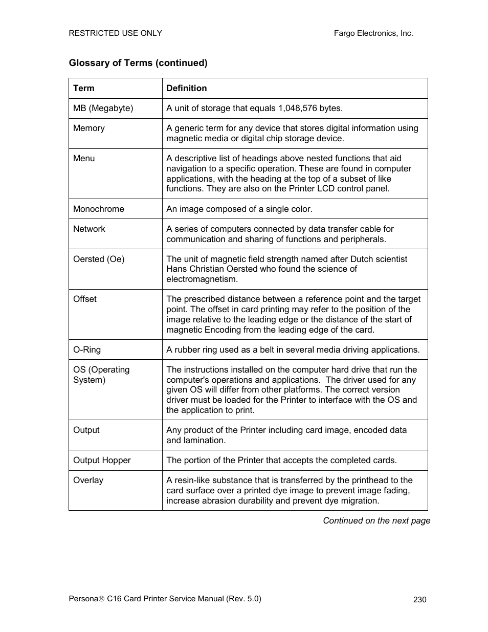 Glossary of terms (continued) | FARGO electronic C16 User Manual | Page 239 / 259