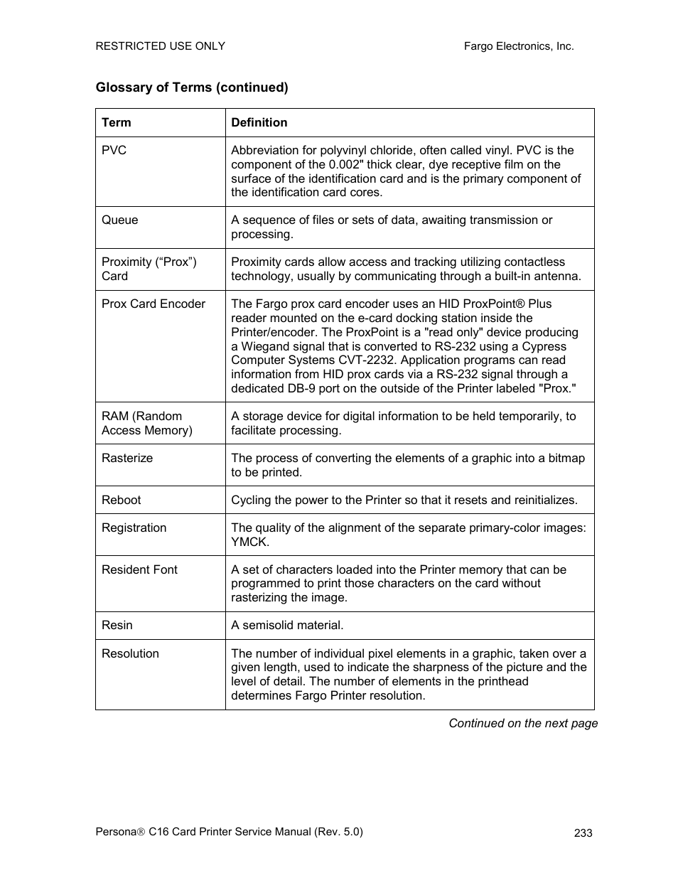 Glossary of terms (continued) | FARGO electronic C16 User Manual | Page 242 / 259