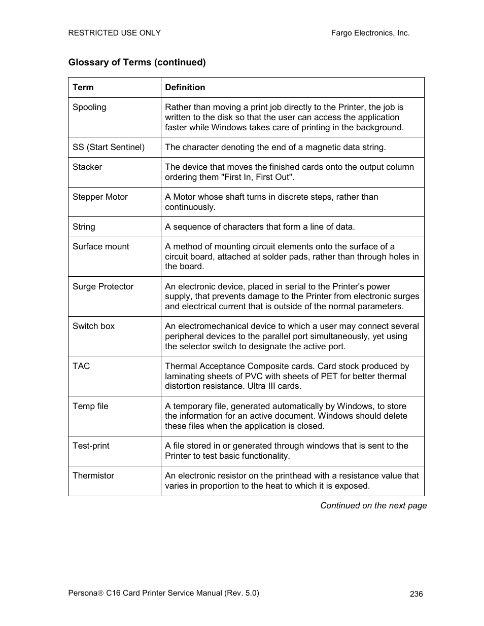 Glossary of terms (continued) | FARGO electronic C16 User Manual | Page 245 / 259