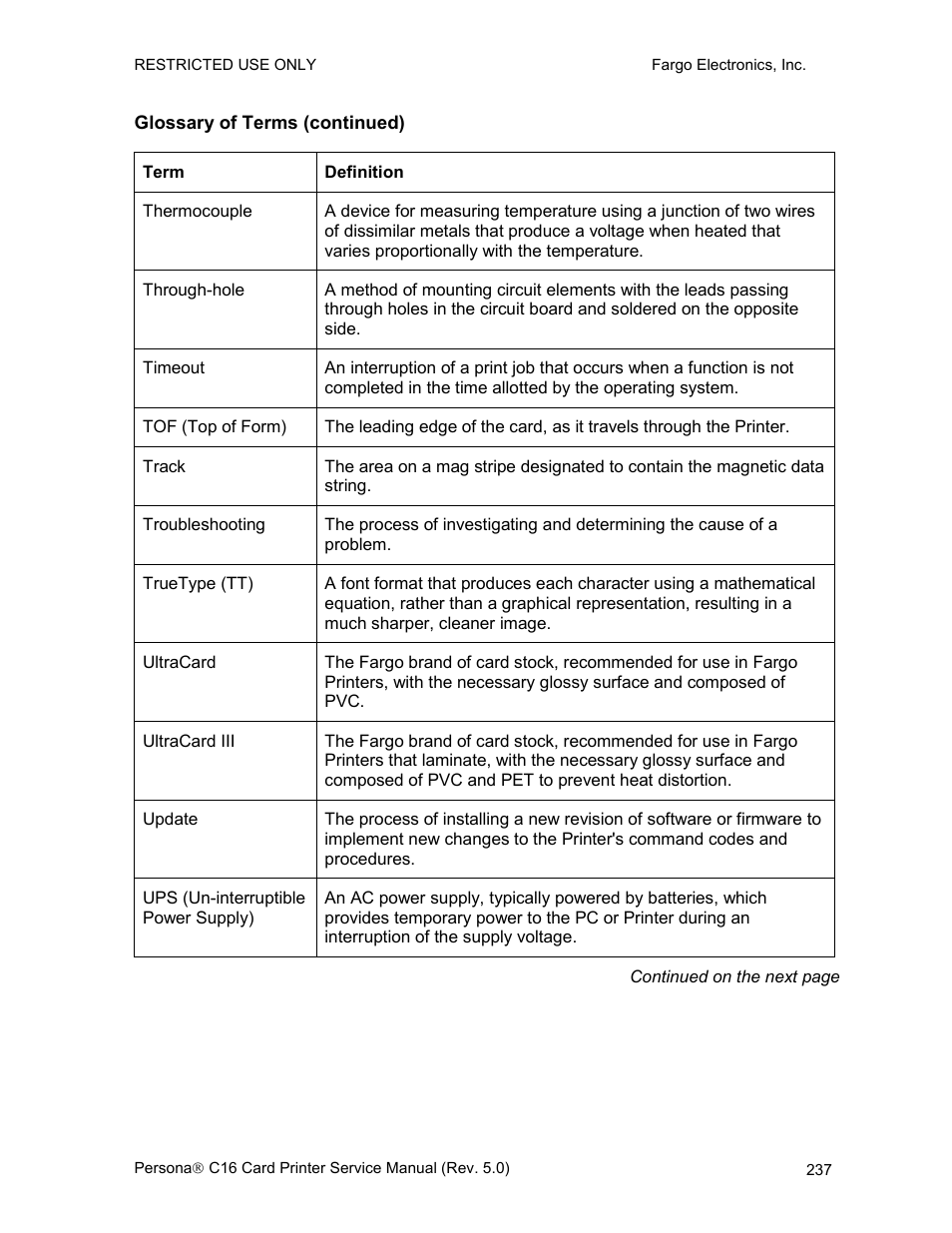 Glossary of terms (continued) | FARGO electronic C16 User Manual | Page 246 / 259