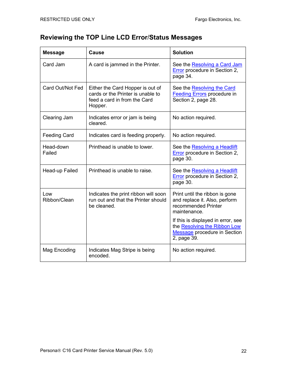 Reviewing the top line lcd error/status messages, Reviewing the lcd error/status, Messages | Reviewing the top line lcd error / status messages | FARGO electronic C16 User Manual | Page 31 / 259