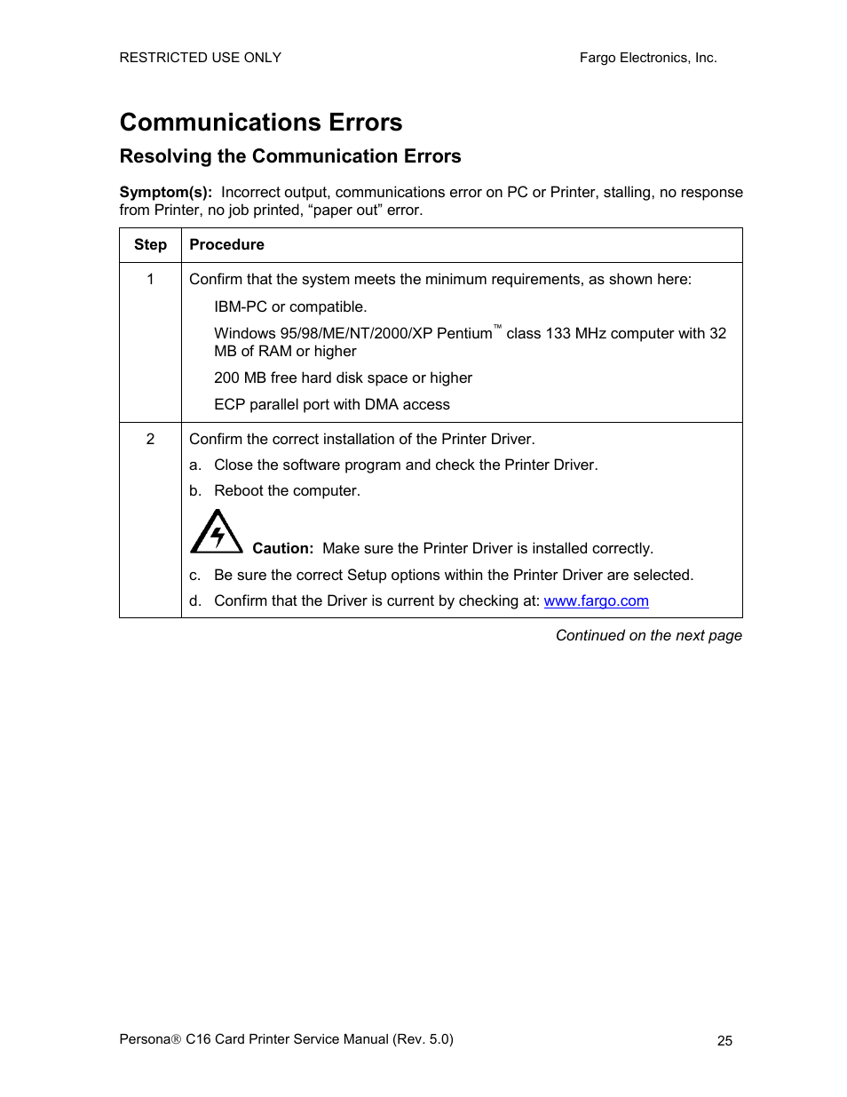 Communications errors, Resolving the communication errors | FARGO electronic C16 User Manual | Page 34 / 259