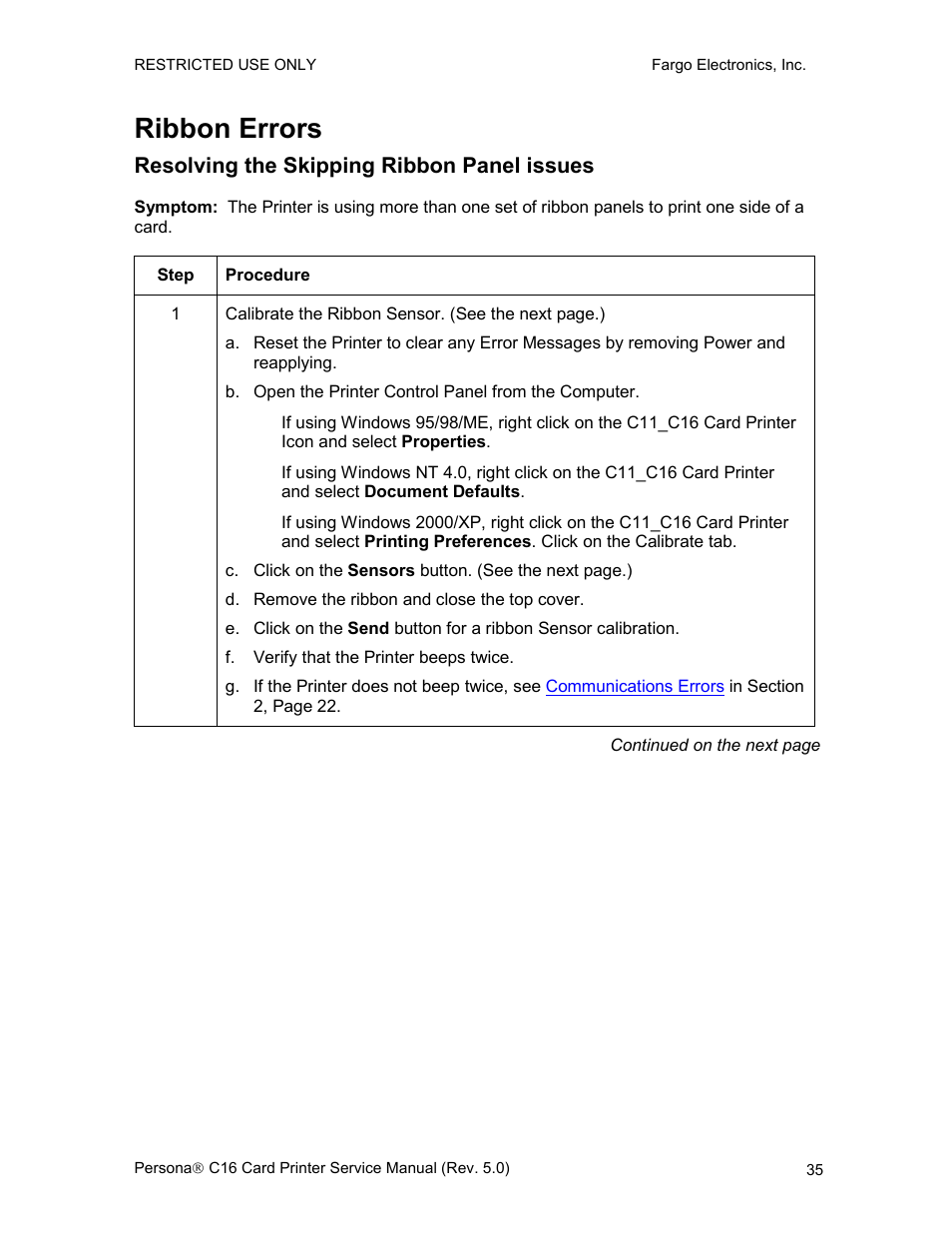 Ribbon errors, Resolving the skipping ribbon panel issues | FARGO electronic C16 User Manual | Page 44 / 259