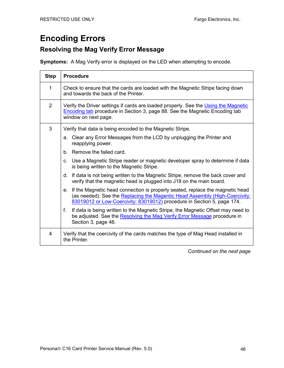 Encoding errors, Resolving the mag verify error message, Resolving the mag verify | Error message, E 46 | FARGO electronic C16 User Manual | Page 55 / 259