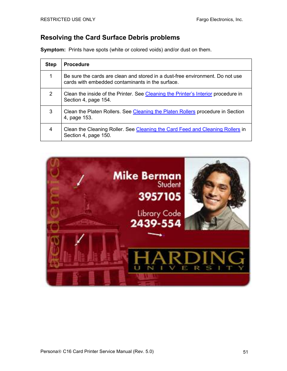 Resolving the card surface debris problems | FARGO electronic C16 User Manual | Page 60 / 259