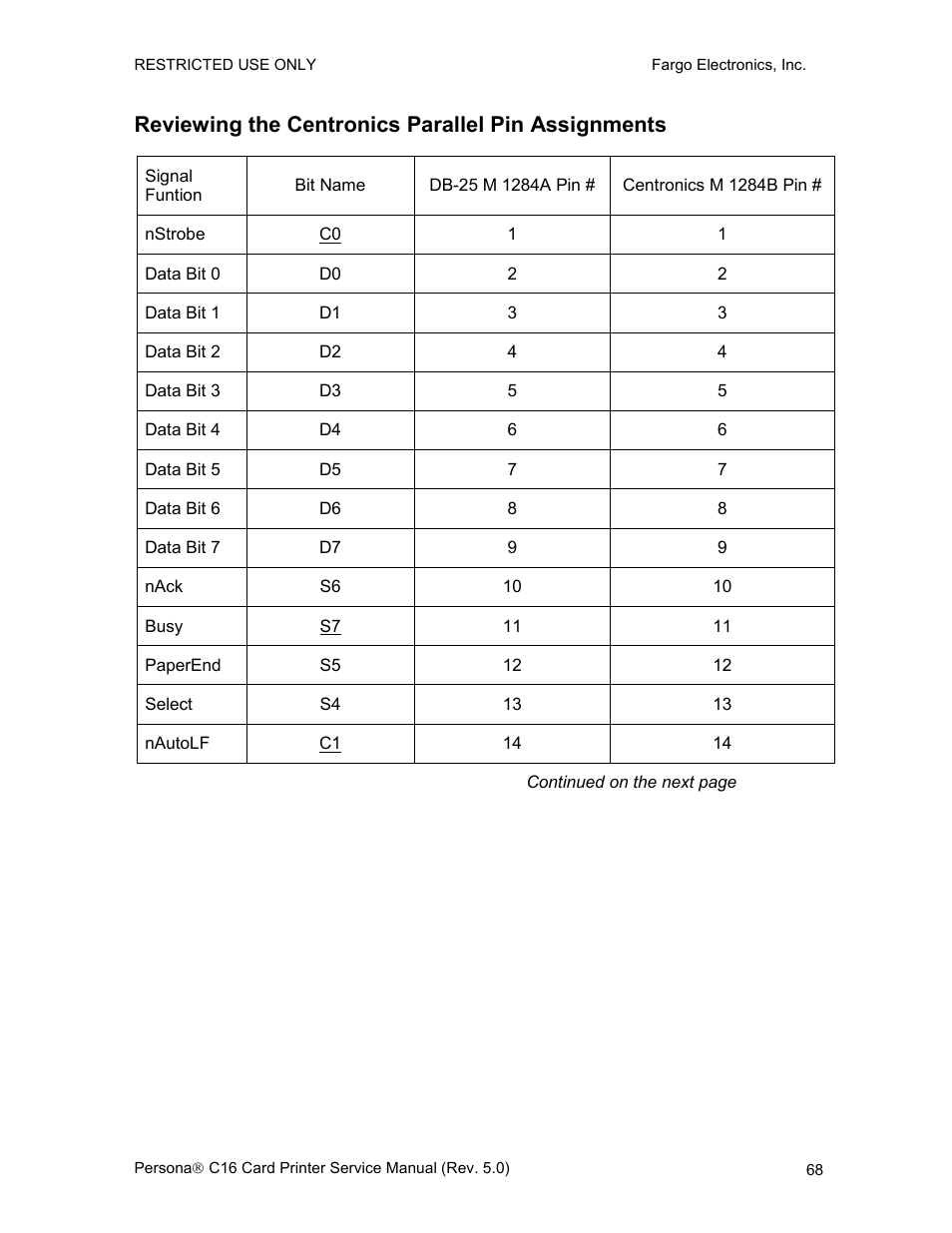 Reviewing the centronics parallel pin assignments | FARGO electronic C16 User Manual | Page 77 / 259