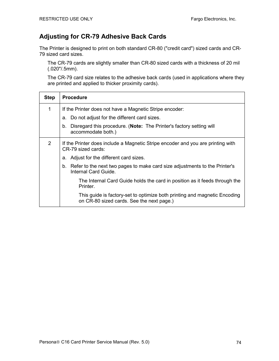 Adjusting for cr-79 adhesive back cards | FARGO electronic C16 User Manual | Page 83 / 259