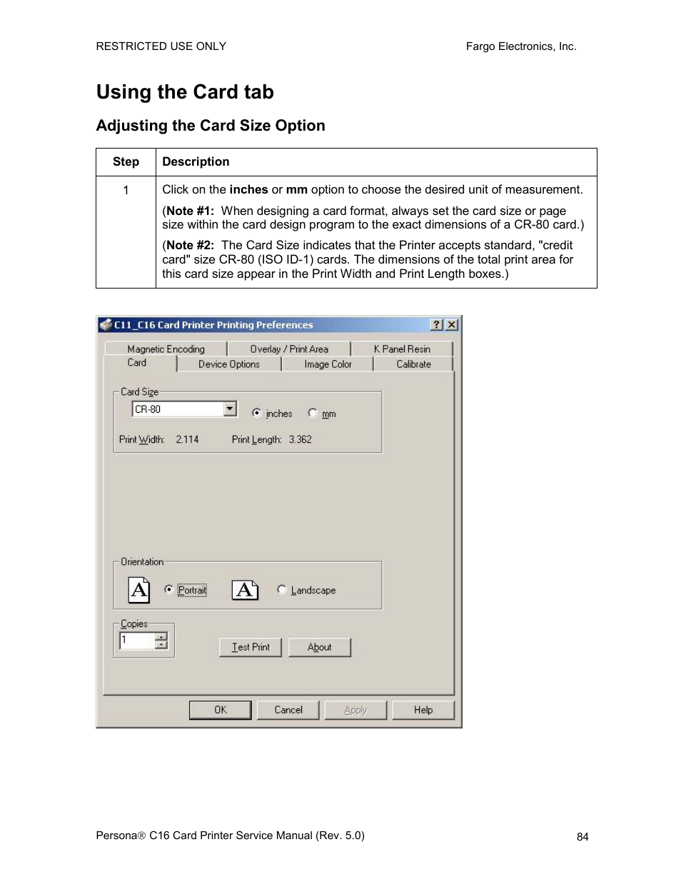 Using the card tab, Adjusting the card size option | FARGO electronic C16 User Manual | Page 93 / 259