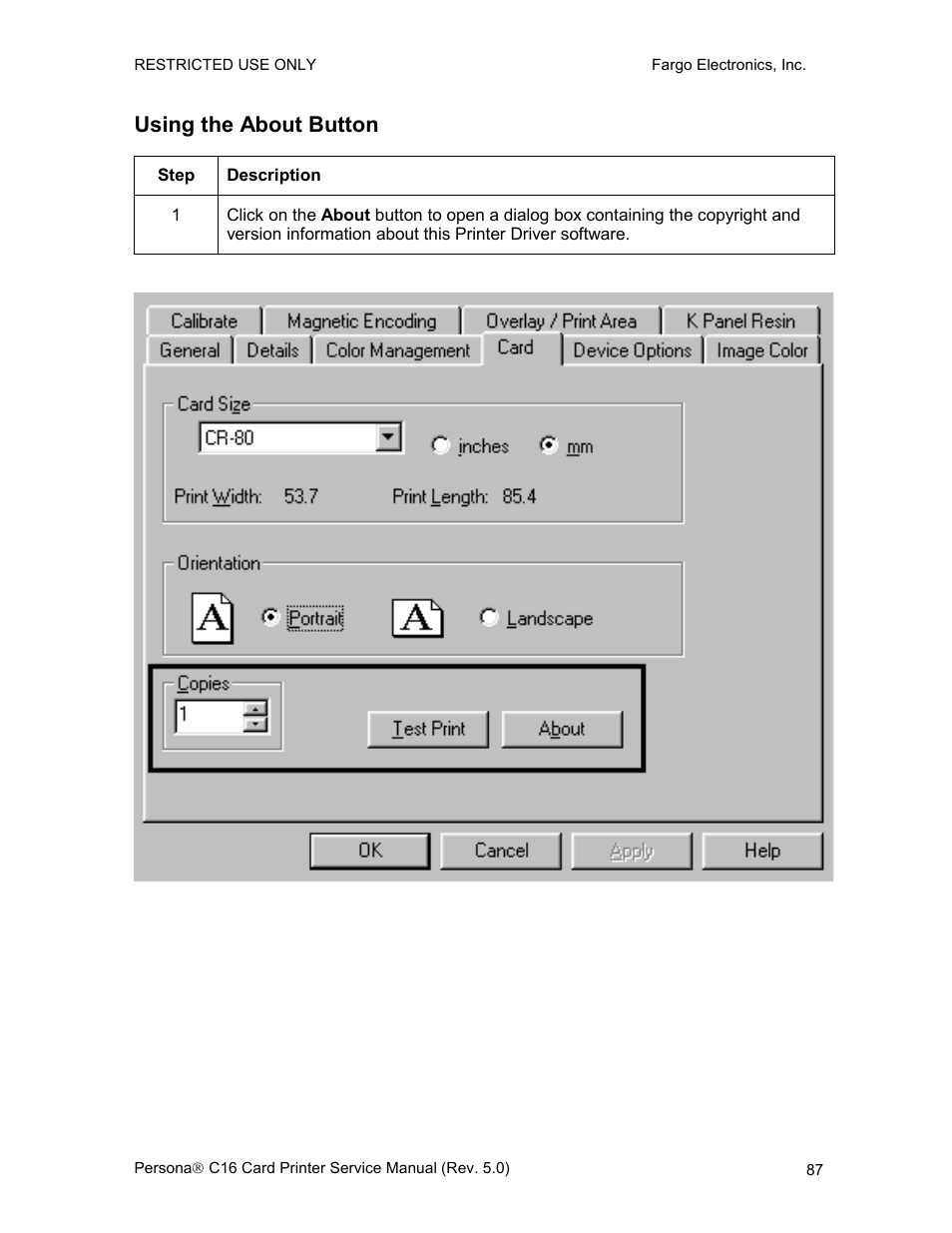 Using the about button | FARGO electronic C16 User Manual | Page 96 / 259