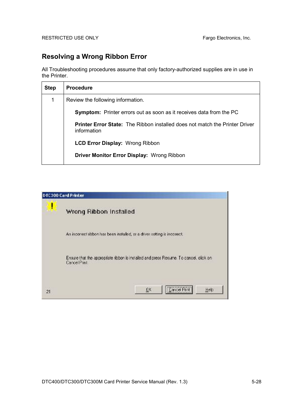 Resolving a wrong ribbon error | FARGO electronic DTC300 User Manual | Page 101 / 446