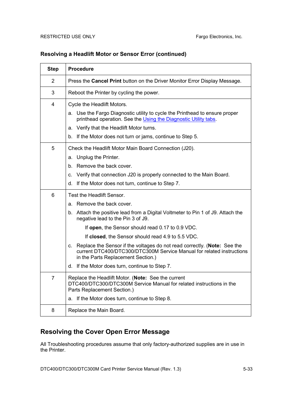 Resolving the cover open error message | FARGO electronic DTC300 User Manual | Page 106 / 446