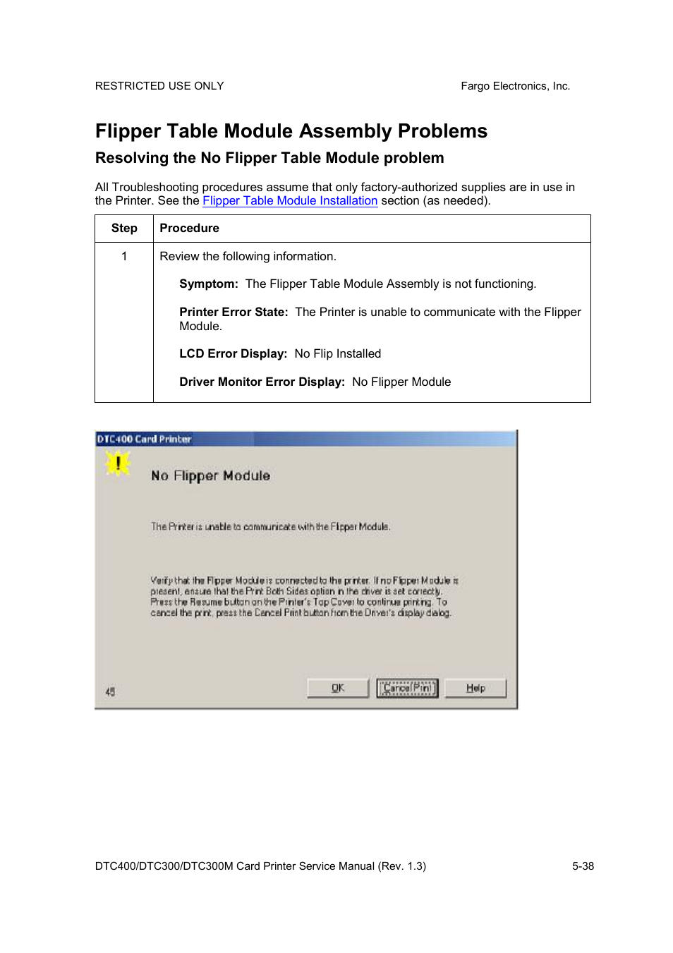 Flipper table module assembly problems, Resolving the no flipper table module problem | FARGO electronic DTC300 User Manual | Page 111 / 446