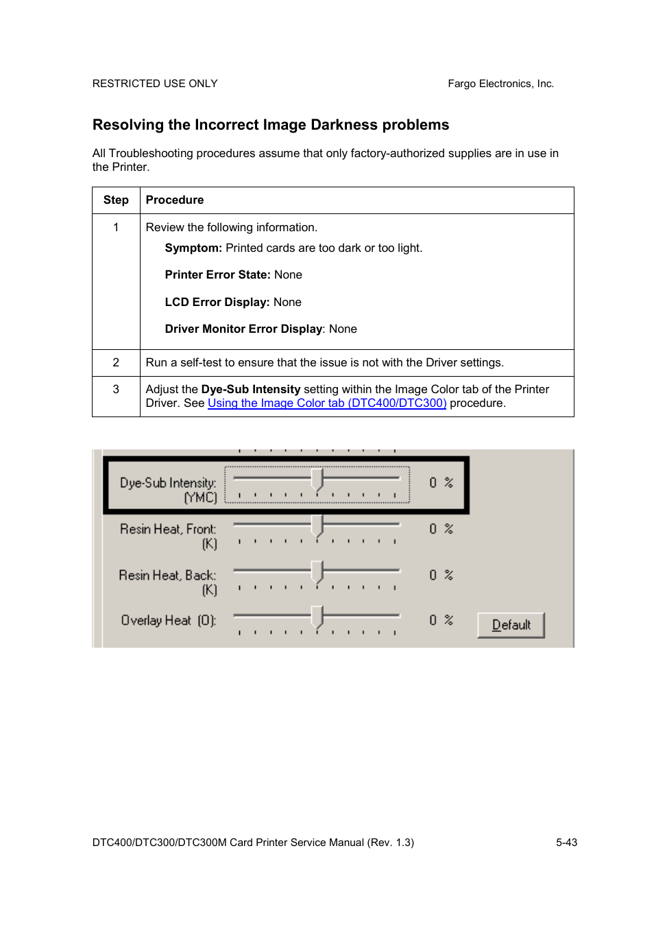 Resolving the incorrect image darkness problems | FARGO electronic DTC300 User Manual | Page 116 / 446