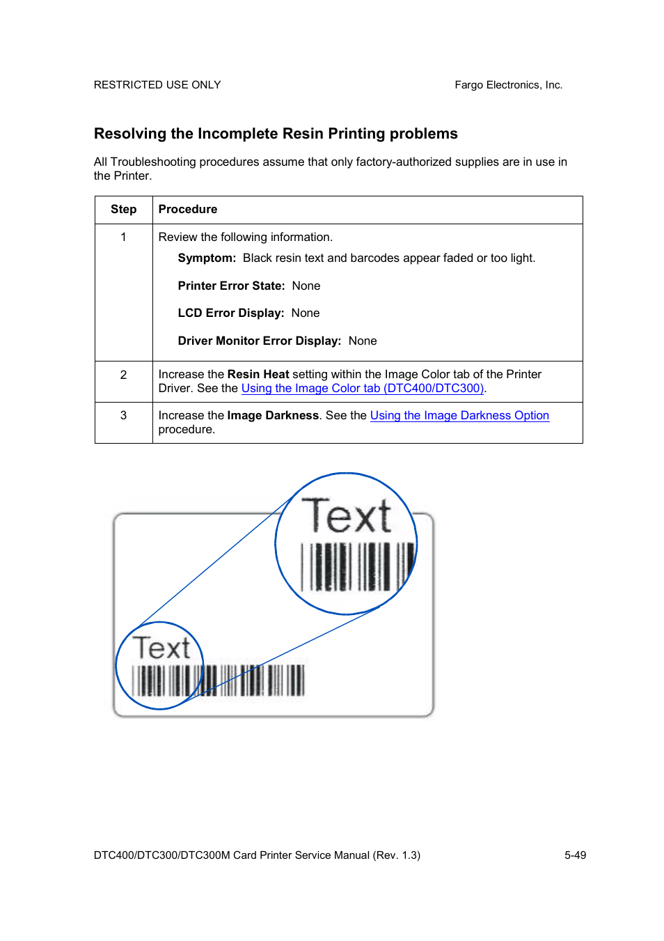 Resolving the incomplete resin printing problems | FARGO electronic DTC300 User Manual | Page 122 / 446