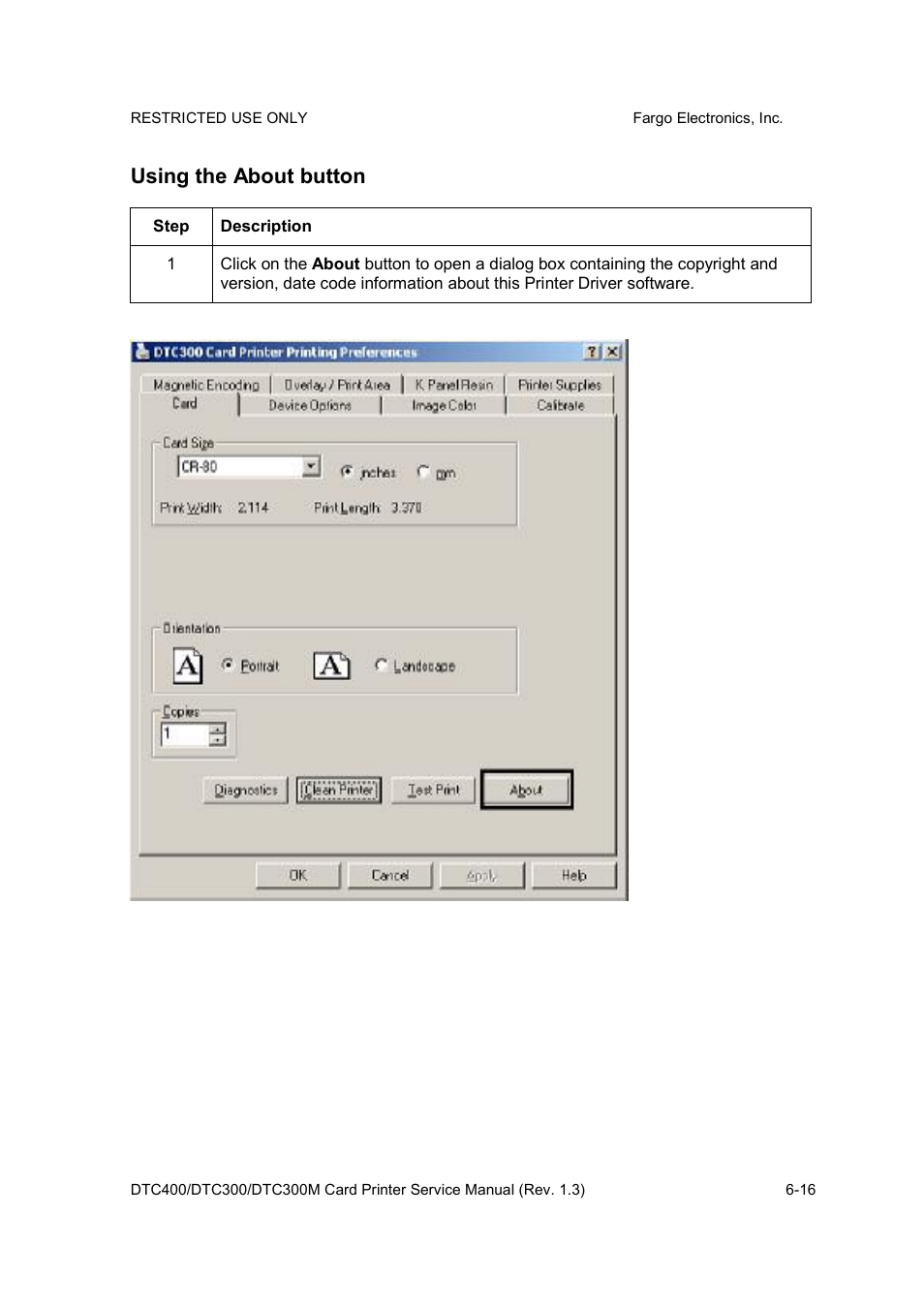 Using the about button | FARGO electronic DTC300 User Manual | Page 145 / 446