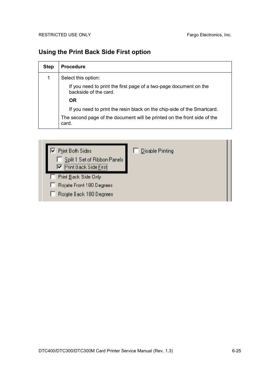 Using the print back side first option | FARGO electronic DTC300 User Manual | Page 154 / 446