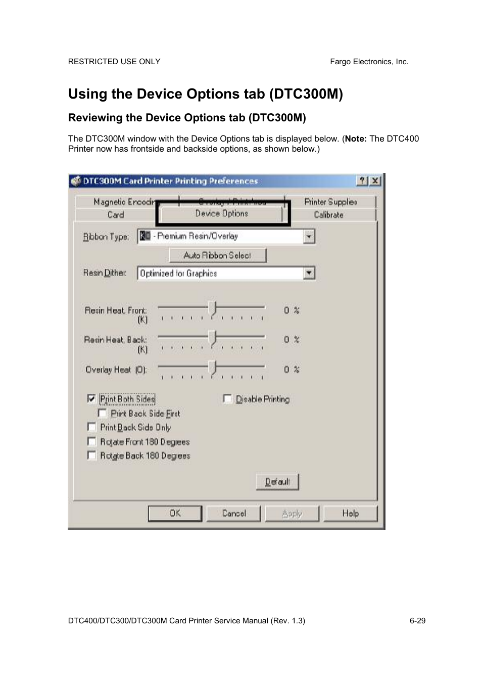 Using the device options tab (dtc300m) | FARGO electronic DTC300 User Manual | Page 158 / 446