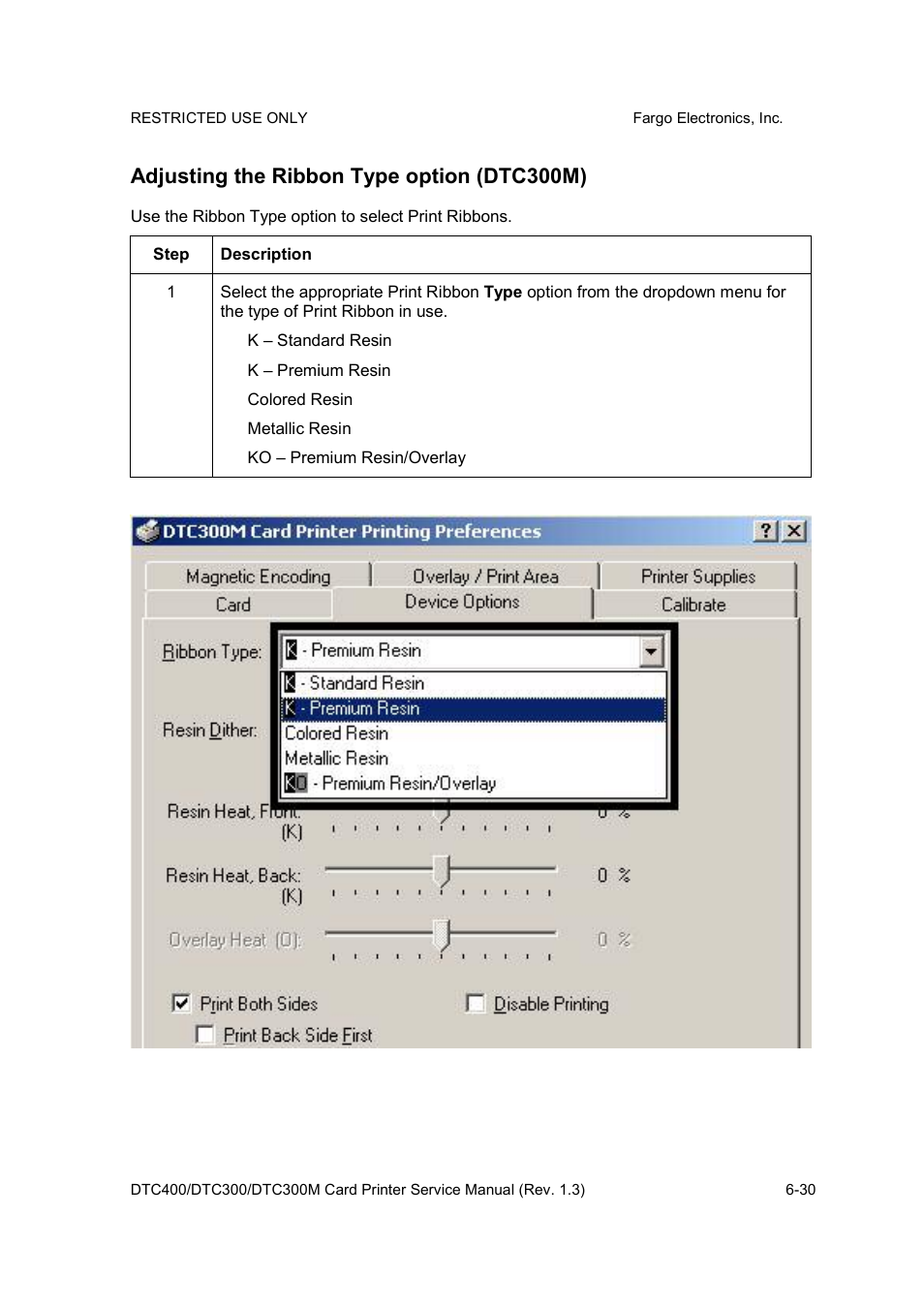 Adjusting the ribbon type option (dtc300m) | FARGO electronic DTC300 User Manual | Page 159 / 446