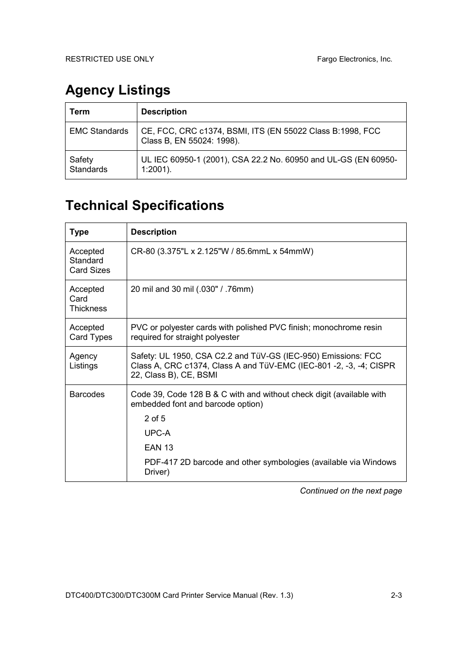 Agency listings, Technical specifications | FARGO electronic DTC300 User Manual | Page 18 / 446