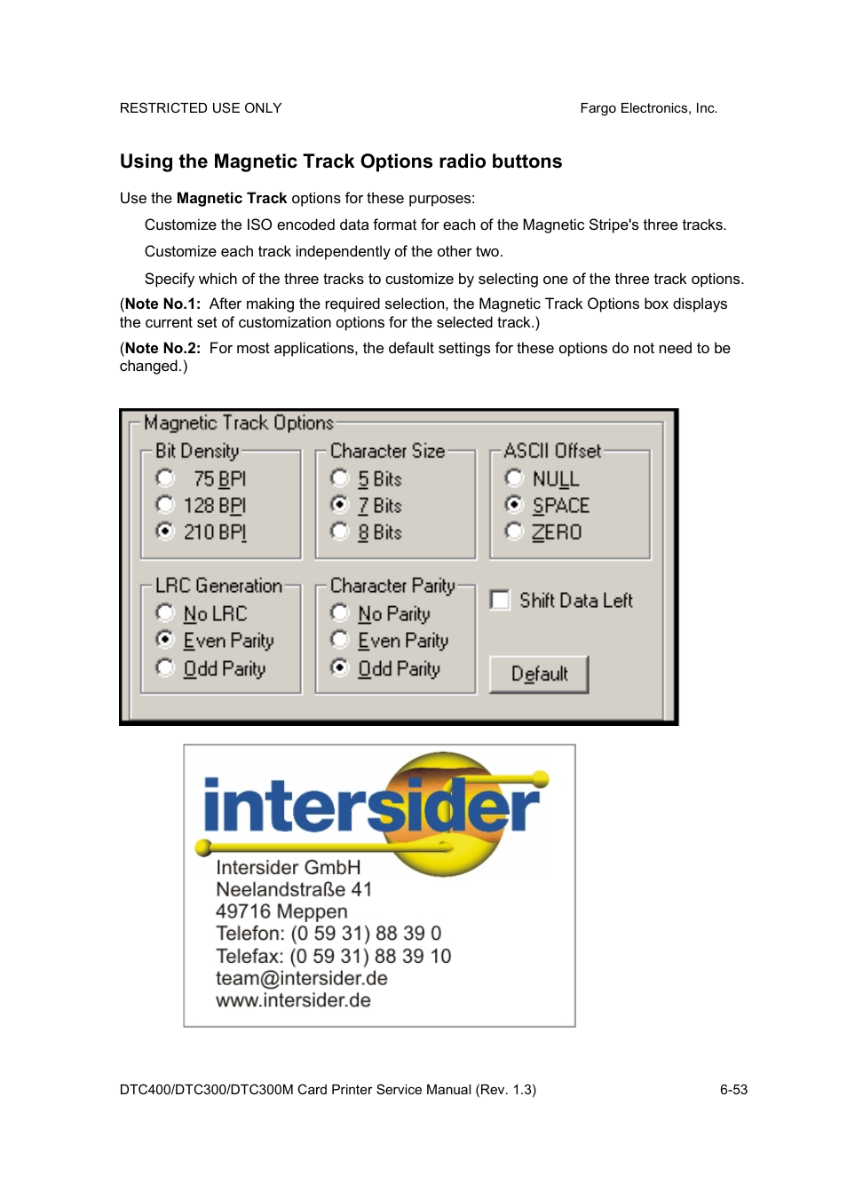 Using the magnetic track options radio buttons | FARGO electronic DTC300 User Manual | Page 182 / 446