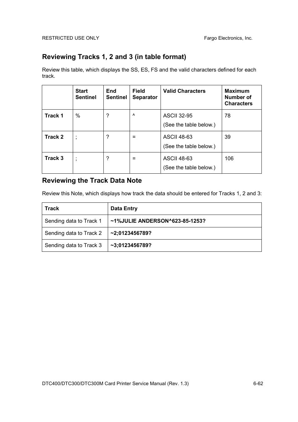 Reviewing tracks 1, 2 and 3 (in table format) | FARGO electronic DTC300 User Manual | Page 191 / 446