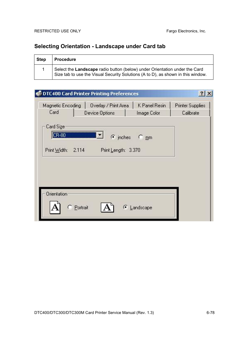 Selecting orientation - landscape under card tab | FARGO electronic DTC300 User Manual | Page 207 / 446