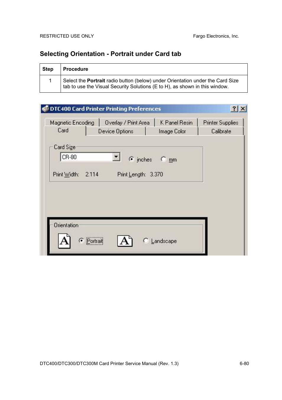 Selecting orientation - portrait under card tab | FARGO electronic DTC300 User Manual | Page 209 / 446