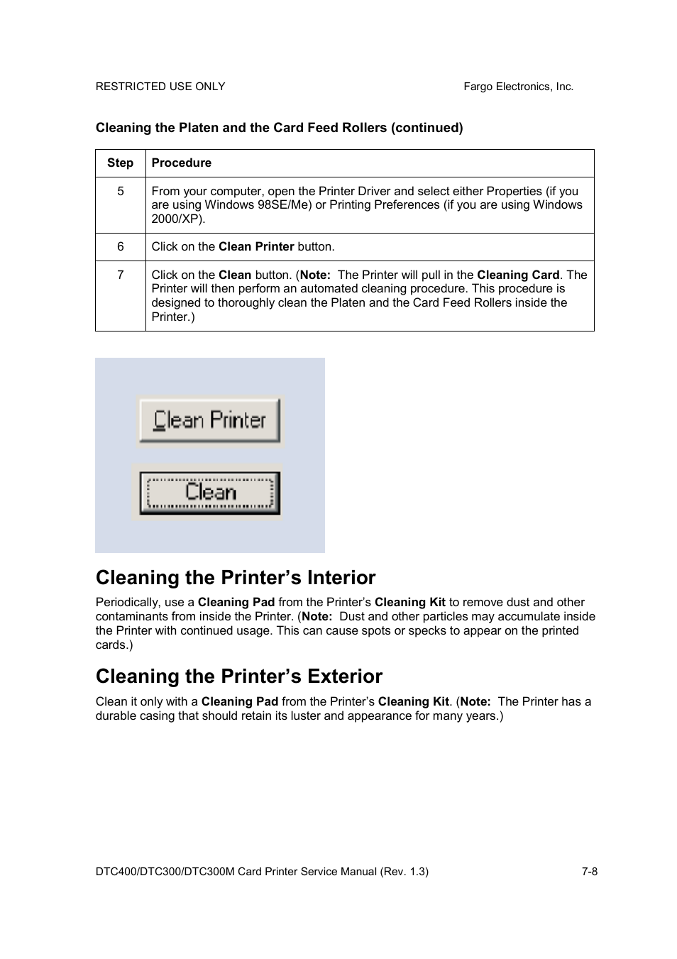 Cleaning the printer’s interior, Cleaning the printer’s exterior | FARGO electronic DTC300 User Manual | Page 254 / 446