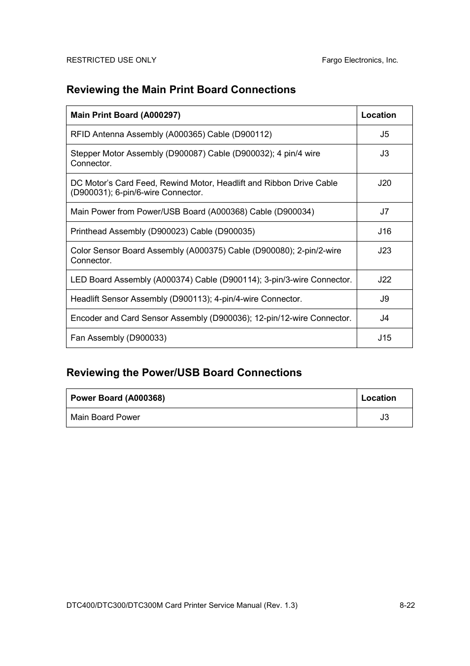 Reviewing the main print board connections, Reviewing the power/usb board connections | FARGO electronic DTC300 User Manual | Page 276 / 446