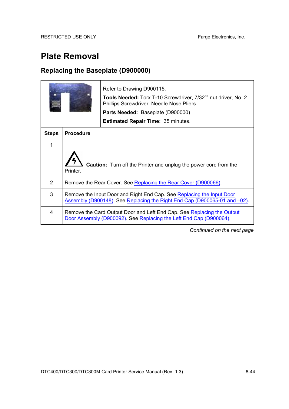 Plate removal | FARGO electronic DTC300 User Manual | Page 298 / 446