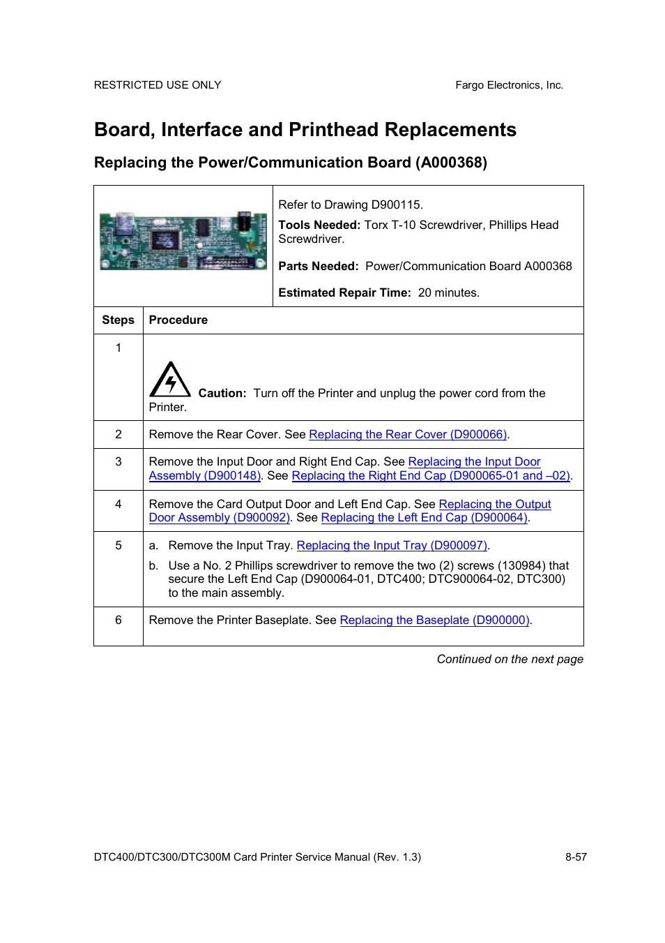 Board, interface and printhead replacements | FARGO electronic DTC300 User Manual | Page 311 / 446