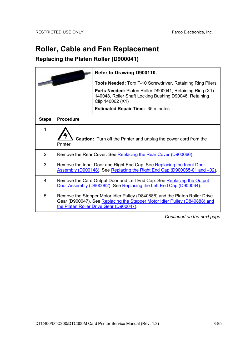 Roller, cable and fan replacement | FARGO electronic DTC300 User Manual | Page 339 / 446