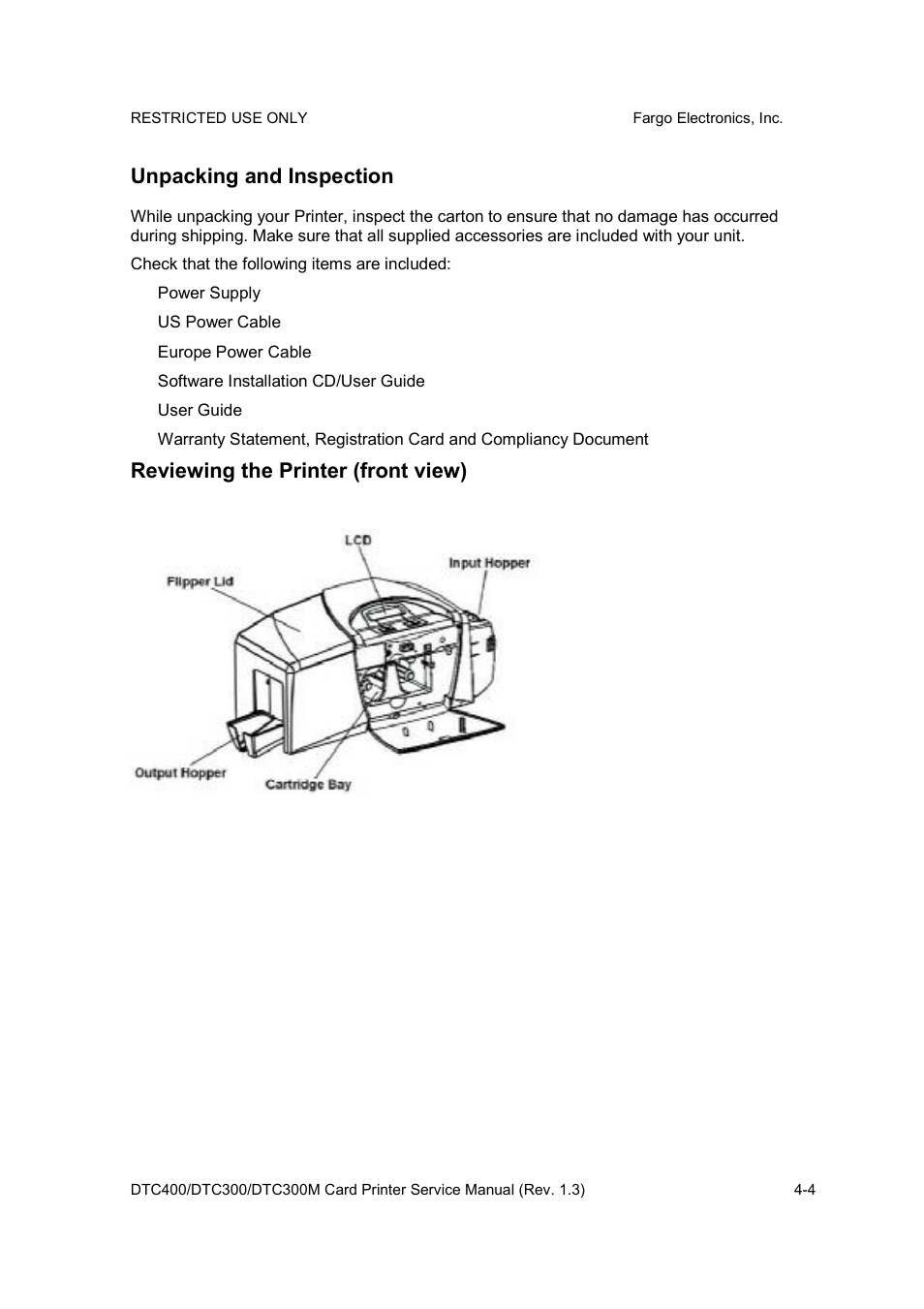 Unpacking and inspection, Reviewing the printer (front view) | FARGO electronic DTC300 User Manual | Page 36 / 446