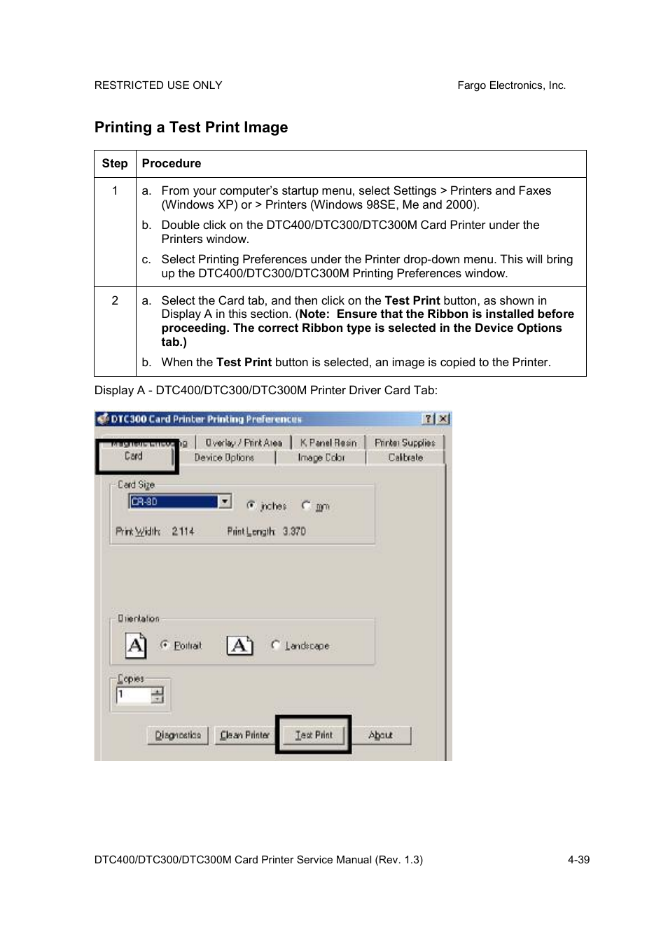 Printing a test print image | FARGO electronic DTC300 User Manual | Page 71 / 446