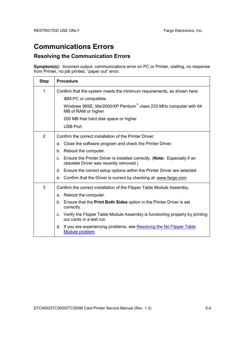 Communications errors, Resolving the communication errors | FARGO electronic DTC300 User Manual | Page 77 / 446