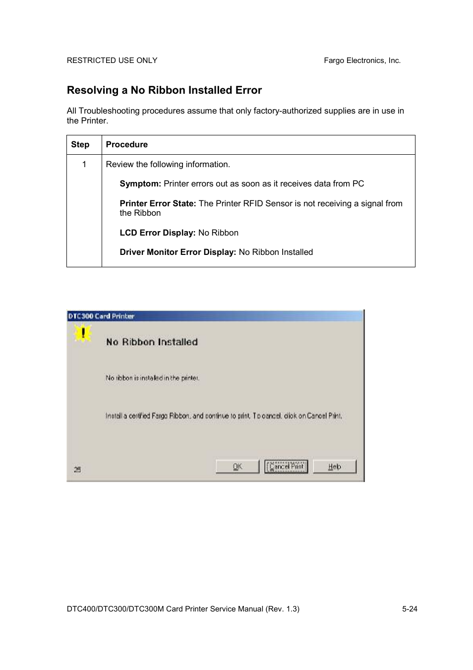 Resolving a no ribbon installed error | FARGO electronic DTC300 User Manual | Page 97 / 446
