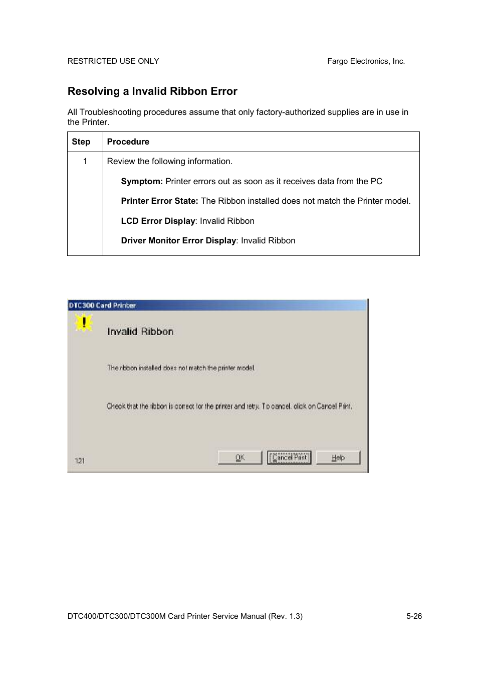 Resolving a invalid ribbon error | FARGO electronic DTC300 User Manual | Page 99 / 446