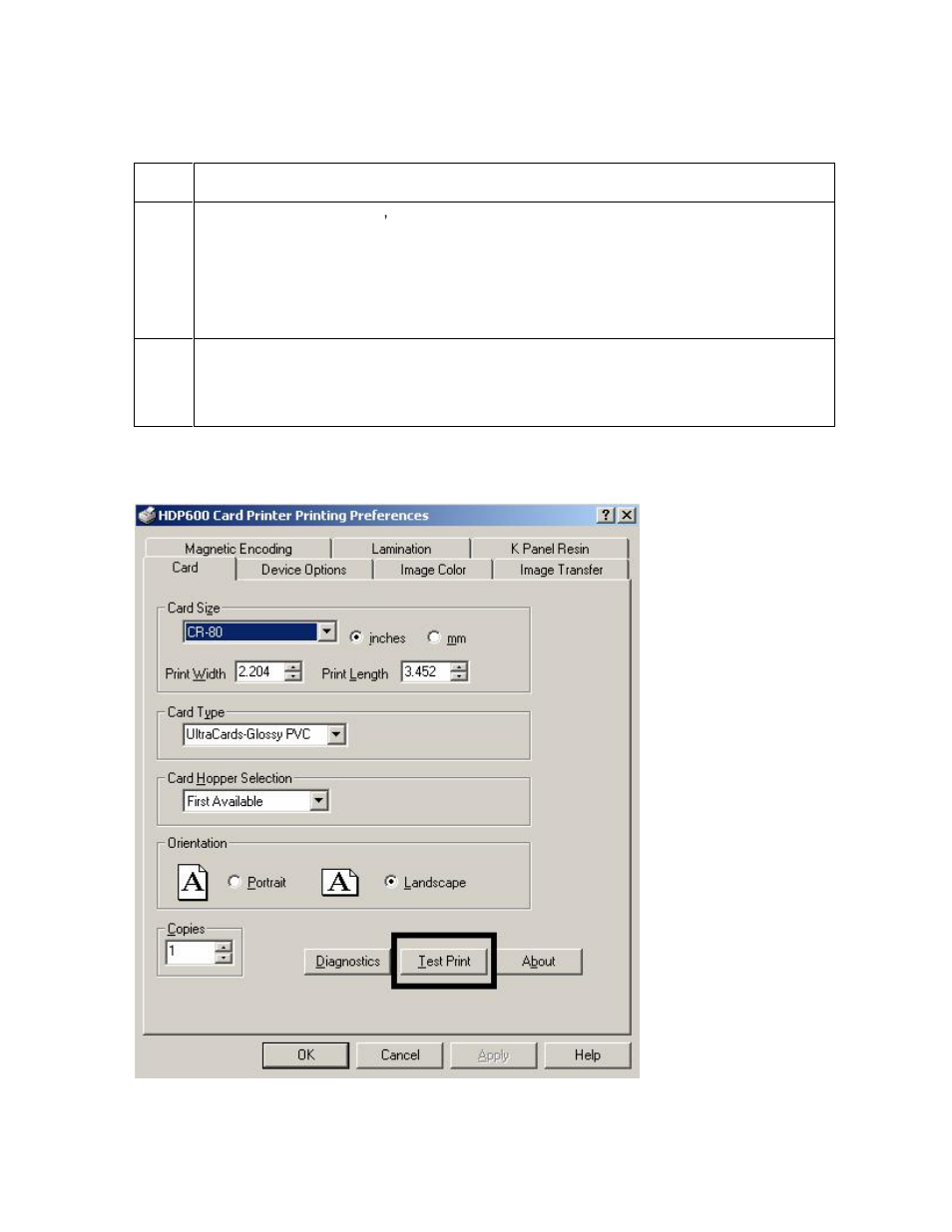 Printing a test print image, Printing a test print image -70 | FARGO electronic HDP600 User Manual | Page 117 / 371